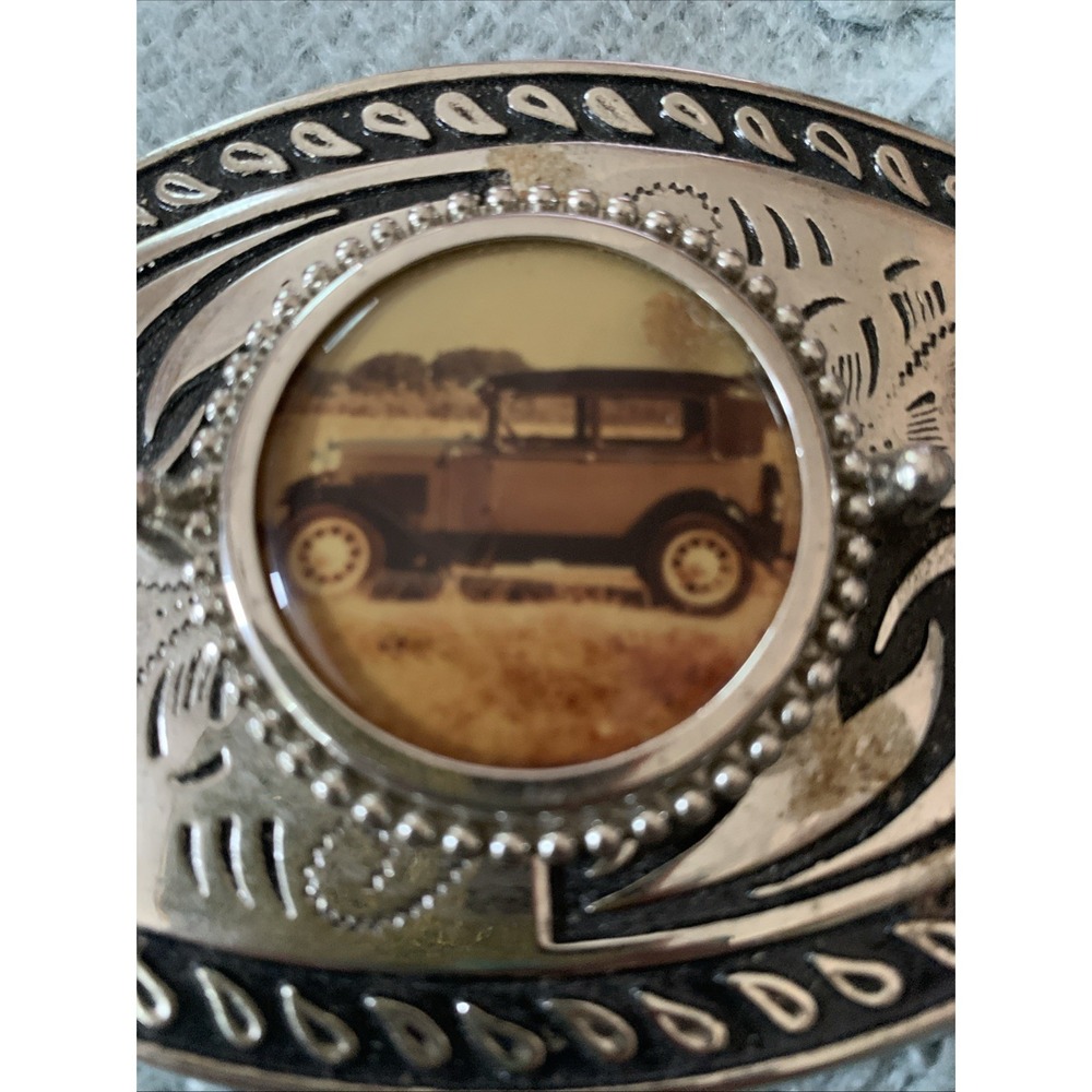 VTG Belt Buckle 3" x 2" Septia Antique Car Photo USA 1980s Silver tone   Nice - Picture 2 of 4